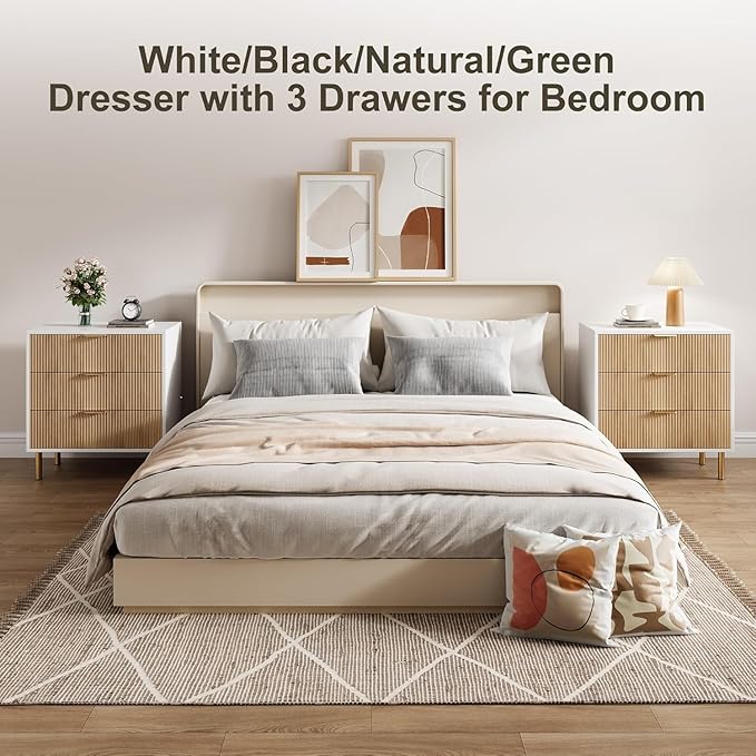 IDEALHOUSE Natural Dresser, Modern 3 Drawer Dresser for Bedroom with Gold Handle and Large Drawer, Wood Double Chest of Drawers and Storage Organizer for Living Room, Hallway, Entryway