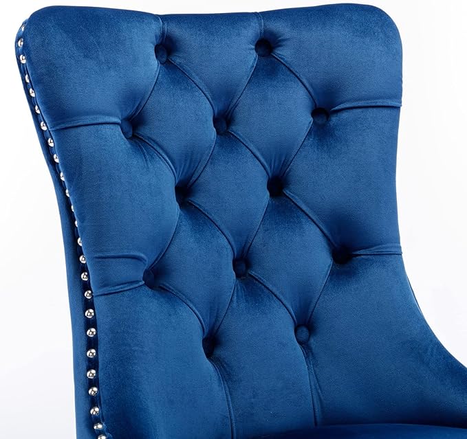 Solid Wood Dining Chair with Nailhead Trim,Velvet Upholstered W/Chrome Stainless Steel Plating Legs,Set of 2,for Living Room,Apartemnt,Blue and Chrome