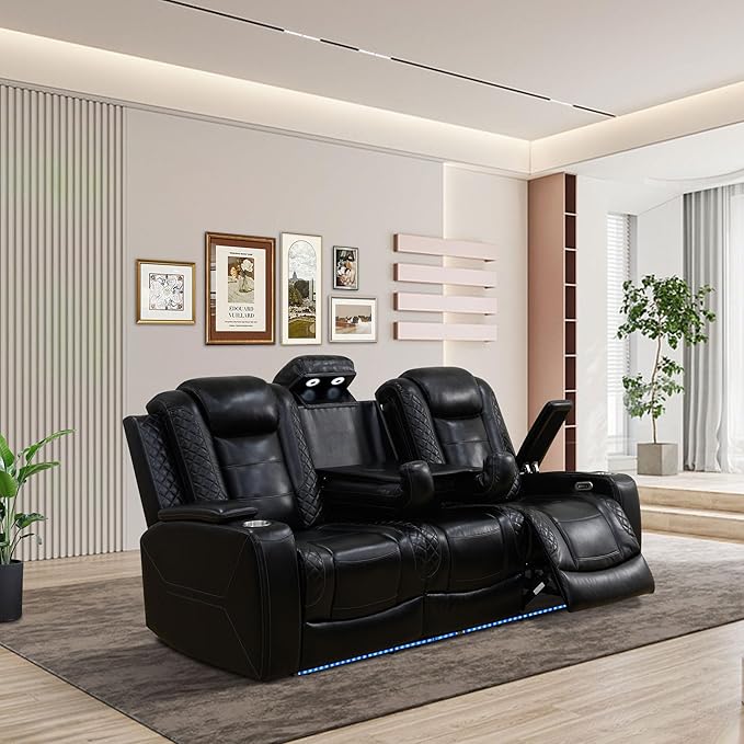 Power Recliner Sofa Set with LED, Breathing Leather Living Room Set 3 Piece, Reclining Couch and Two Chair with USB Port&Storage Console (Black Upgared)