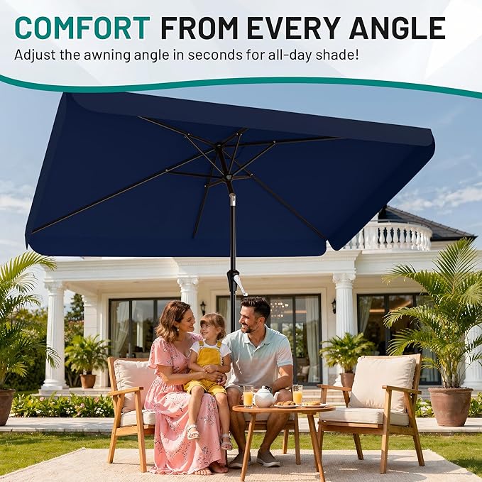 AreShark 6.5 x 10 FT Rectangular Valance Patio Umbrella, Outdoor Umbrella with Tilt and Crank, Market Table Umbrellas W/ 6 Ribs UV Protection for Garden, Deck, Backyard and Pool, Navy
