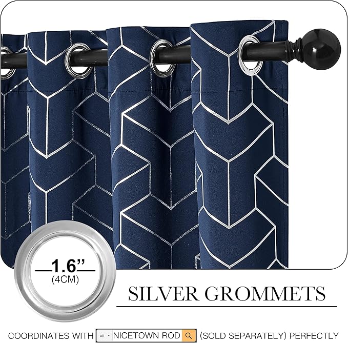 NICETOWN Blackout Curtain Panels 84 inches Long, Window Treatment Foil Printed Diamond Pattern Thermal Insulated Grommet Blackout Drapes for Living Room/Office/Guest Room(Navy, 1 Pair, 52 inches Wide)