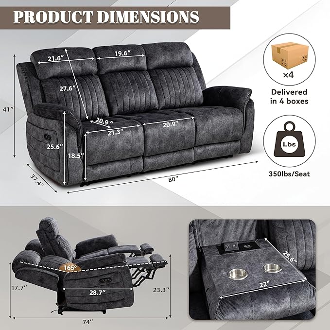 Zero Gravity Power Recliner Sofa Couch – Electric Reclining Sofa with Drop Down Table & Wireless Charging, 3 Seater Dual Reclining Couch with Adjustable Headrests for Living Room (Velvet, Grey)