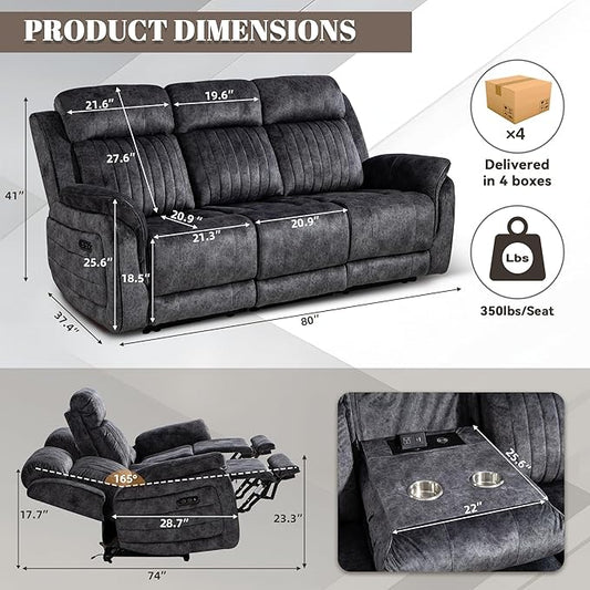 Zero Gravity Power Recliner Sofa Couch – Electric Reclining Sofa with Drop Down Table & Wireless Charging, 3 Seater Dual Reclining Couch with Adjustable Headrests for Living Room (Velvet, Grey)