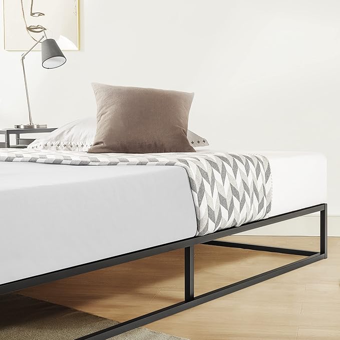 Mellow Modernista Low Profile 10 Inch Metal Platform Bed Frame with Classic Wooden Slat Support Mattress Foundation (No Box Spring Needed), Full, Black