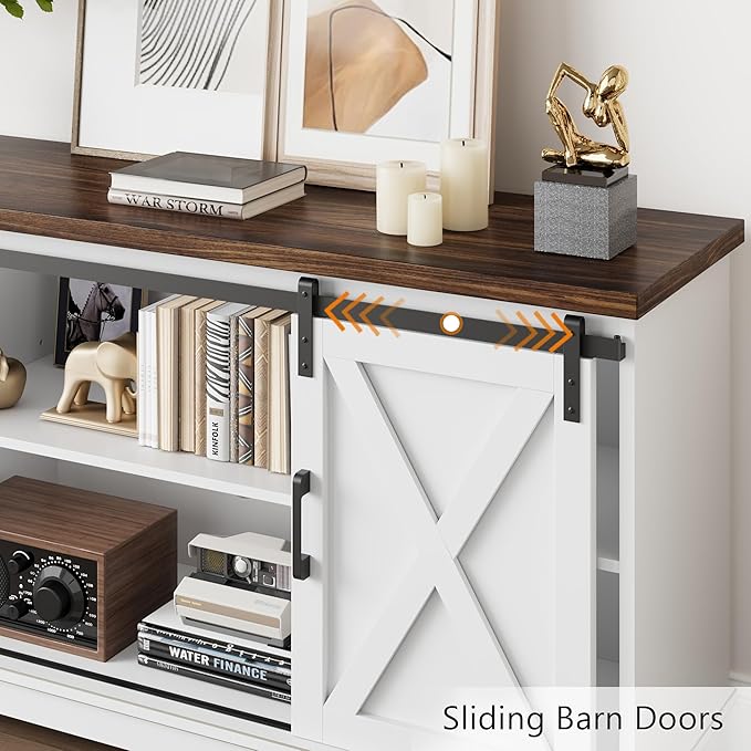 GarveeHome Farmhouse Tv Stand for 65 in TVs, Entertainment Center with Sliding Barn Doors and Adjustable Shelf, Modern Media TV Console TV Stand Table for Living Room, Bedroom, White