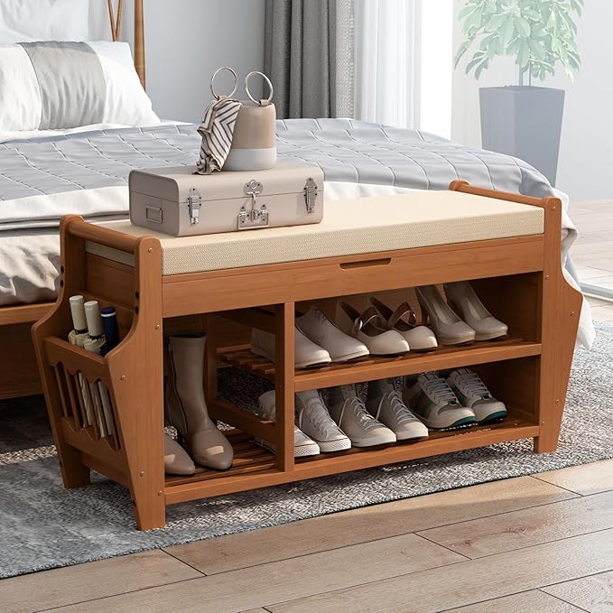 47.2in Shoe Bench Entryway - Bamboo Shoe Rack Bench with Storage, Shoe Rack Organizer with Cushion, 2 Side Holder, Holds Up tp 330lbs for Front Door Entrance, Living Room