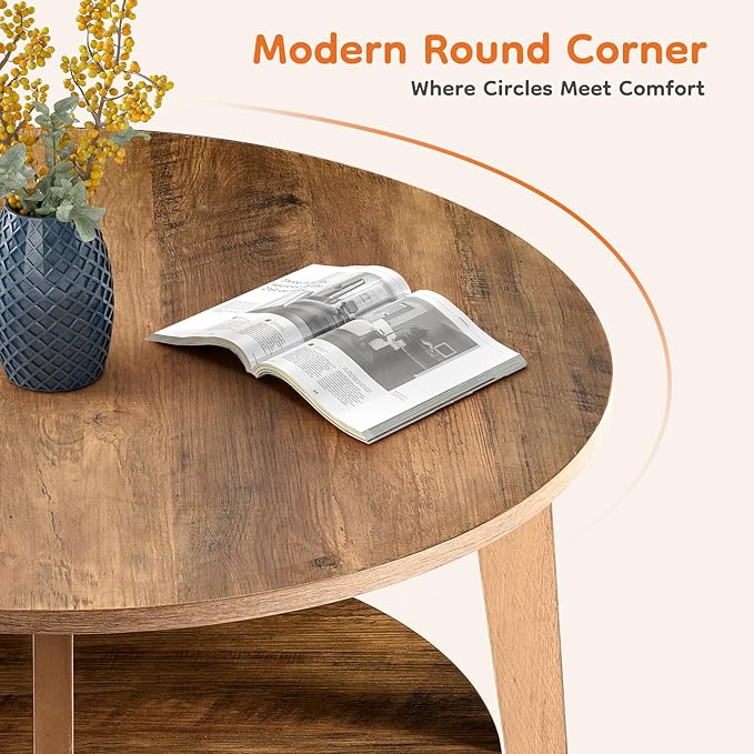 OLIXIS Round Coffee Table, 32'' Wood Coffee Tables for Living Room with Storage, 2-Tier Center Circle Counter with Wooded Desktop, 50 lbs Capacity, Anti-Slip Feet, Modern Farmhouse Design, Brown