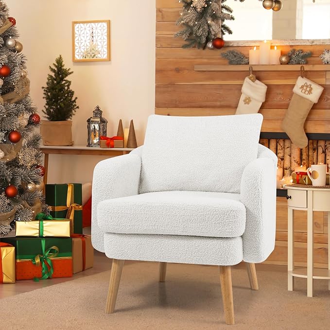 Giantex Sherpa Accent Chair Set of 2, Modern Upholstered Single Sofa Chair with Back Pillow & Solid Rubber Wood Legs, Teddy Barrel Arm Chair for Reading, Living Room, Bedroom, Office, White