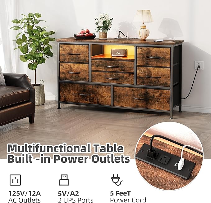 Jojoka 8-Drawer LED Dresser TV Stand with Power Outlet for 55'' TV - Wide Storage Chest for Bedroom, Living Room & Entryway, Wood Top Console Table with 22 Light Modes