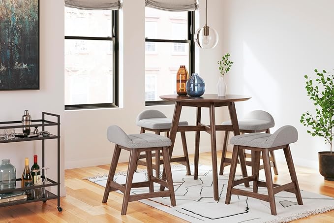 Signature Design by Ashley Lyncott Contemporary Counter Height Upholstered Bar Stool with Foam Cushion, Set of 2, Fabric Upholstery, 24.25", Light Gray & Brown