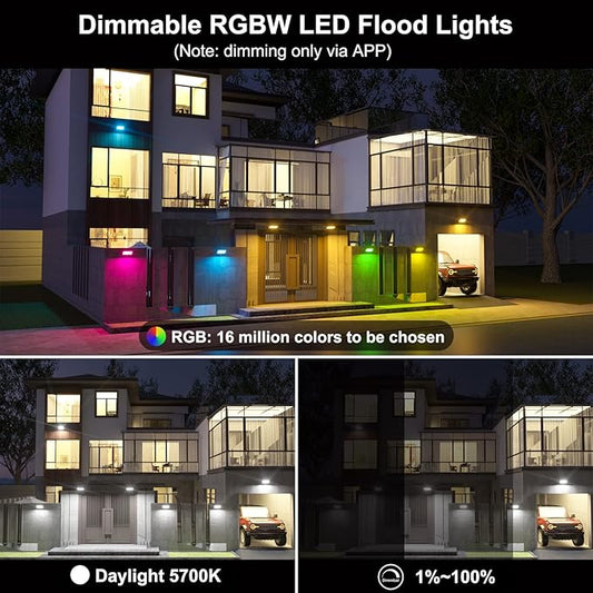 Flood Lights Outdoor RGB, 500W Equivalent Smart Color Change & Daylight 5700K Landscape Light, IP66 Waterproof Patio Lights via App Control, Indoor Ambient Lighting, DIY Scenes/Music Sync/Timing-4Pack
