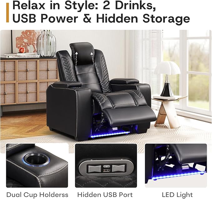 ANJ 2PCS Power Reclining Loveseat and 1PCS Recliner Chair with LED Lights, USB Charging & Cup Holders, Faux Leather Living Room Furniture for Home Theater, Small Spaces & RV (Black)