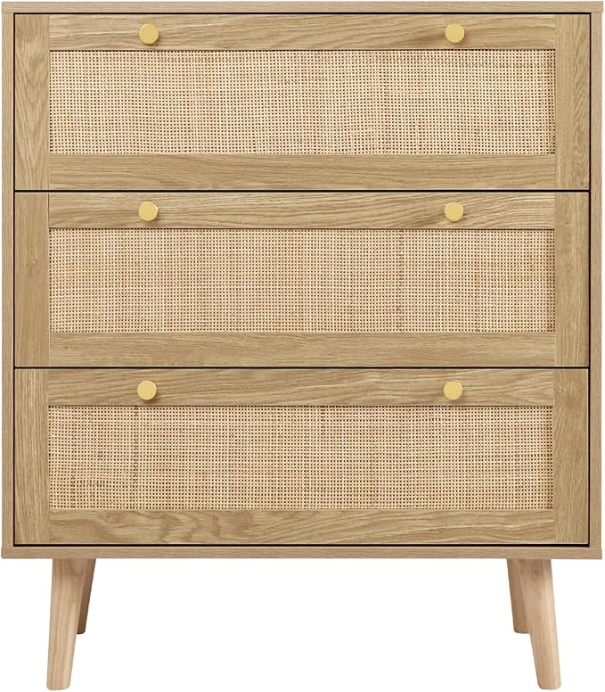 Anmytek 2pcs 3 Drawer Rattan Dresser, Modern Wooden Chest with Golden Handles, Storage Organizers for Bedroom, Living Room, Hallway