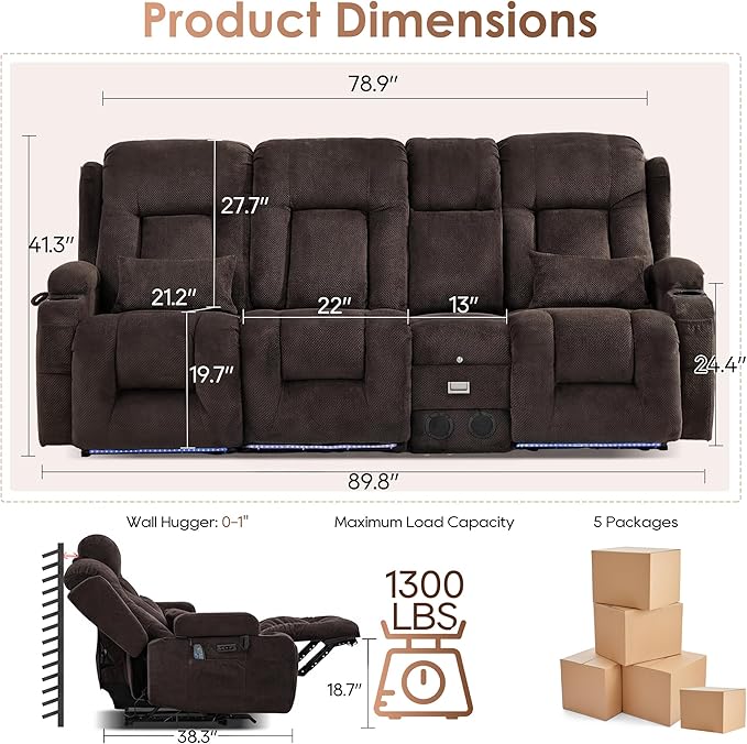 TUNYI Wall Hugger Loveseat Recliner Sofa with Console, Power Reclining Loveseat RV Couch with Massage & Heat/USB/Outlet/Storage/LED Light/Speaker (Brown, 4 Seat)