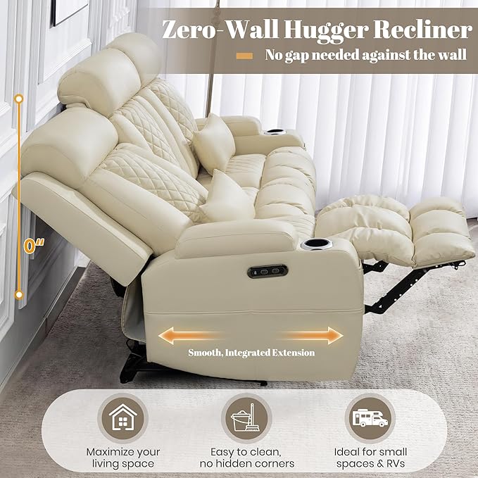 Zero Wall Hugger Power Reclining Sofa with Adjustable Headrest, Electric Reclining Couch with Drop-Down Table,Outlets, Power Loveseat Recliner Sofa for Living Room (PU Beige, 3 Seat) | Cat-Proof Leather