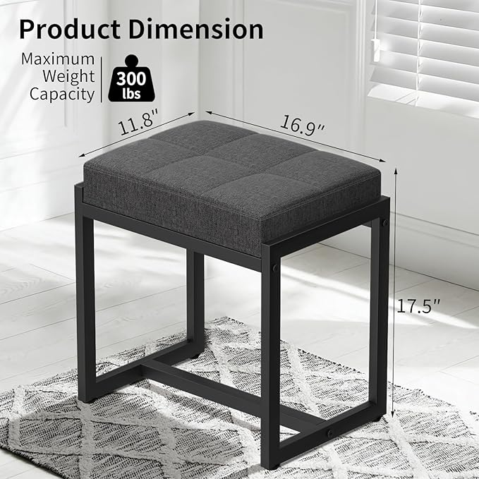 Vanity Stool, Vanity Chair Stools for Makeup Room, Square Linen Makeup Stool for Vanity, Modern Padded Small Ottomans Foot Rest for Bedroom Living Room, Dark Grey&Black