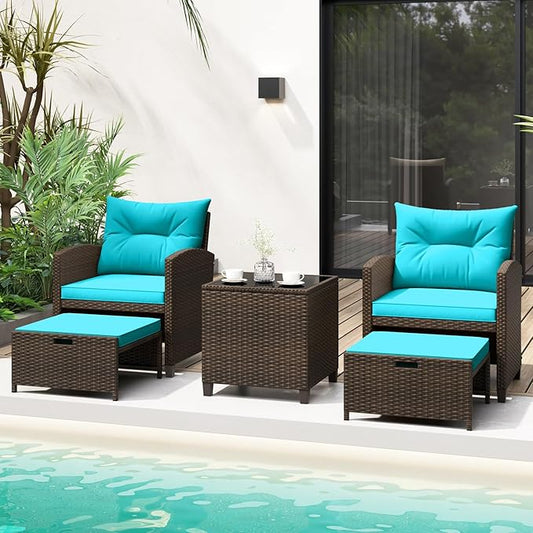 Tangkula 5 Pieces Patio Conversation Set, PE Wicker Outdoor Furniture Set with 2 Chairs, 2 Ottomans & Tempered Glass Coffee Table, Ideal for Poolside, Backyard, Lawn, Deck, Mix Brown & Turquoise