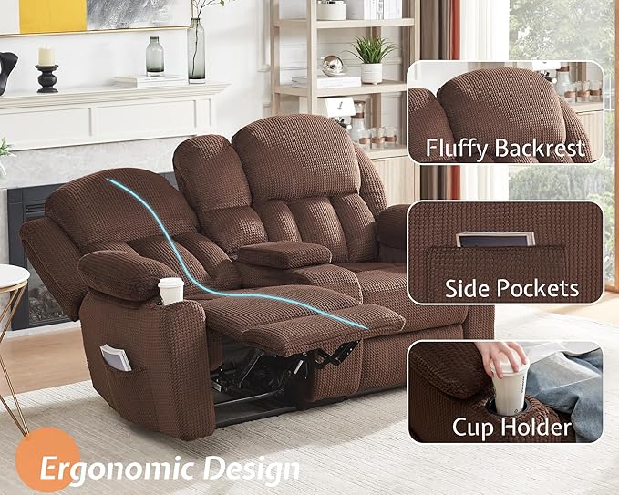 Jocisland Manual Recliner Couch, Reclining Sofa with Cup Holders, 3 Seater Reclining Couch with Dual Wingback, Comfy Recliner Sofas for Living Room(Brown)