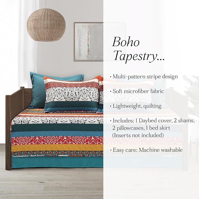 Lush Decor Boho Stripe Quilted 3 Piece Cover Set, Daybed, Turquoise & Tangerine