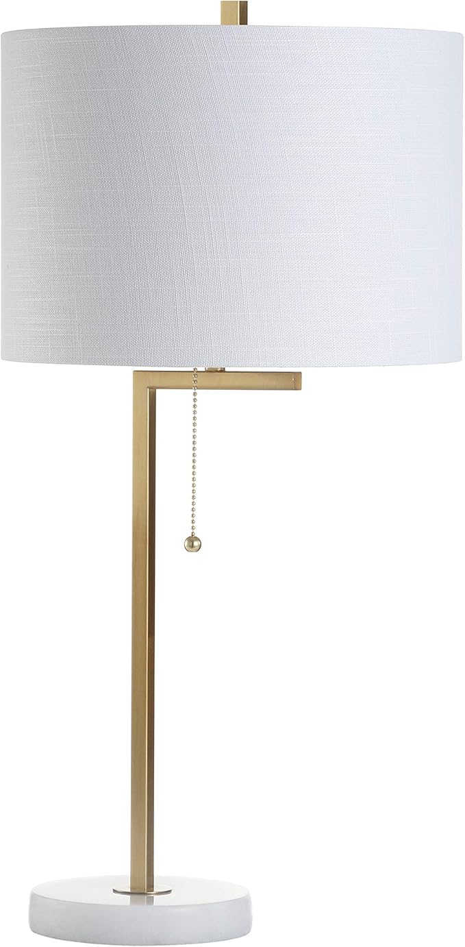 JONATHAN Y 24.5" Brass Gold/White Marble Modern Table Lamp for Bedroom, Linear Desk Lamp for Living Room Office, White Linen Drum Shade, Pull Chain, LED Bulb Included JYL1043A