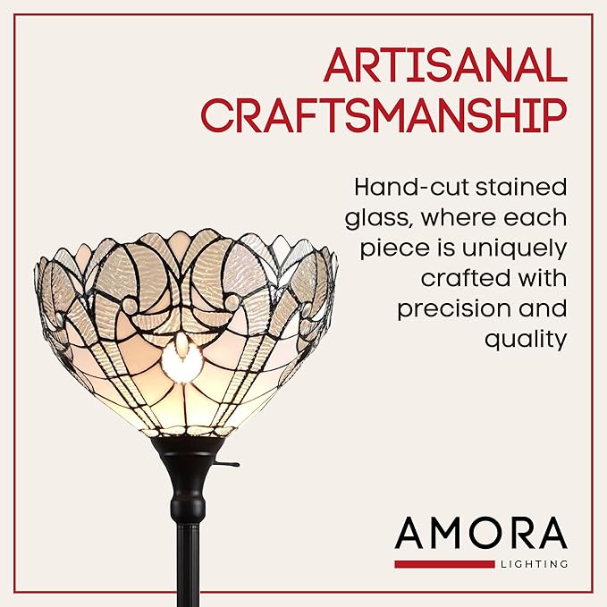 Amora Tiffany Floor Lamp Torchiere - Stained Glass Lamp 72” in White Mahogany - Custom Handcrafted Floor Lamps for Living Room