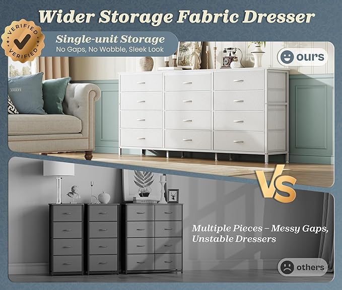 PRAISUN 63 Inch Long Dresser TV Stand for 65, 70 Inch TV, 12 Drawer Dresser for Closet, Bedroom, Large Fabric Drawers, Entryway Hallway Chest of Drawers, Wooden Top, Media Console, PU Leather, White