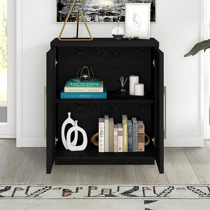 Henn&Hart 28" Accent Cabinet, Modern Sideboard Buffet Cabinet with 2 Panel Doors, an Adjustable Shelf and Cable Management Cut-Out for Living Room, Dining Room, Bedroom or Entryway, Black Grain
