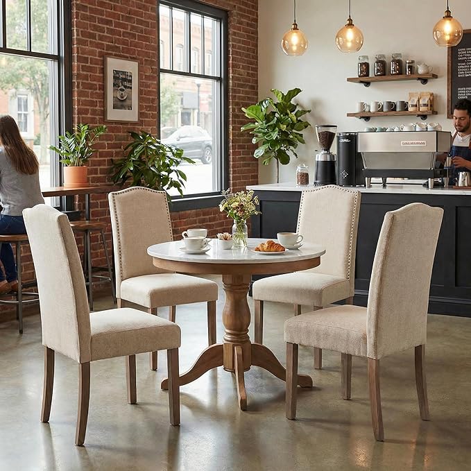 Upholstered Dining Chair Modern Stylish Parsons Kitchen Diner High Back with Silver Nailhead Trim & Wood Legs, Set of 2, Fabric Beige