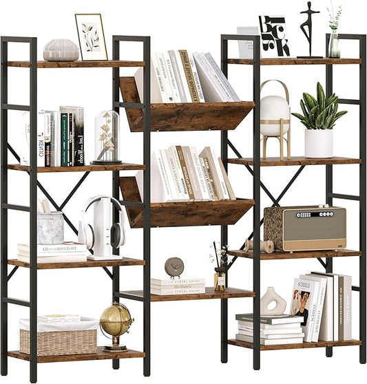 GAOMON Triple Wide 4 Tier Book Shelf, 54.3” Large Bookcase with 11 Open Shelves, Industrial Bookshelves and Bookcases with Metal Frame for Home Office, Study Room, Living Room-Rustic Brown