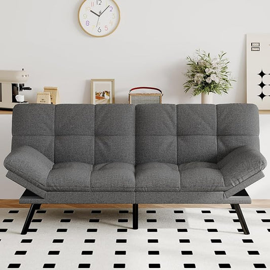 Futon Sofa Bed Convertible Couch, Grey Linen Sofa Bed with Memory Foam, Adjustable Backrest & Armrests, Multifunctional Small Loveseat Sleeper Sofa for Living Room, Apartment, Office