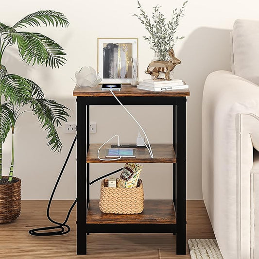 VECELO Modern Nightstands with Charging Station,Side End Table Night Stand with Storage Shelf for Small Spaces, Bedroom,Living Room
