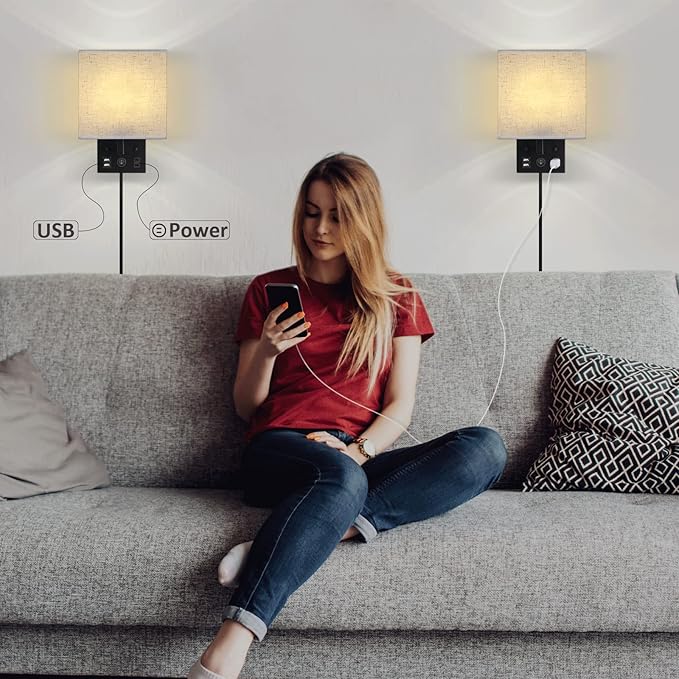 CADUKE Bedside Wall Lamp Set of 2, Plug in Wall Sconce with USB Charging Port and AC Outlet, Modern Black Brushed Nickel Wall Light with Plug in Cord for Living Room Office, E26 LED Bulb Included