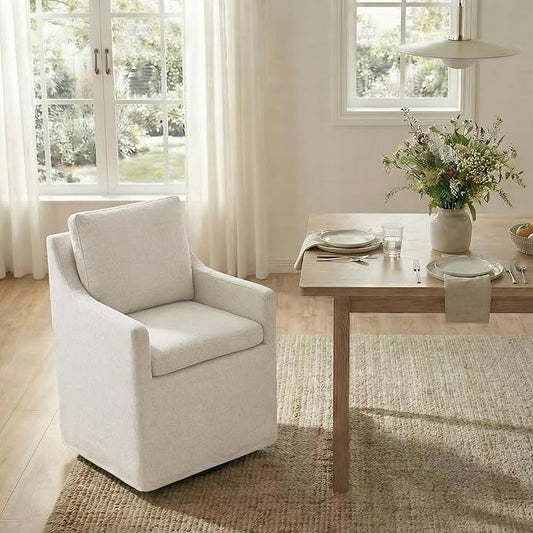 Upholstered Dining Chairs Set of 1, Modern Dining Room Chairs with Casters & Washable Cover, Rolling Accent Chair with Hidden Storage for Kitchen, Farmhouse, Living Room, Linen Fabric, 1 Box