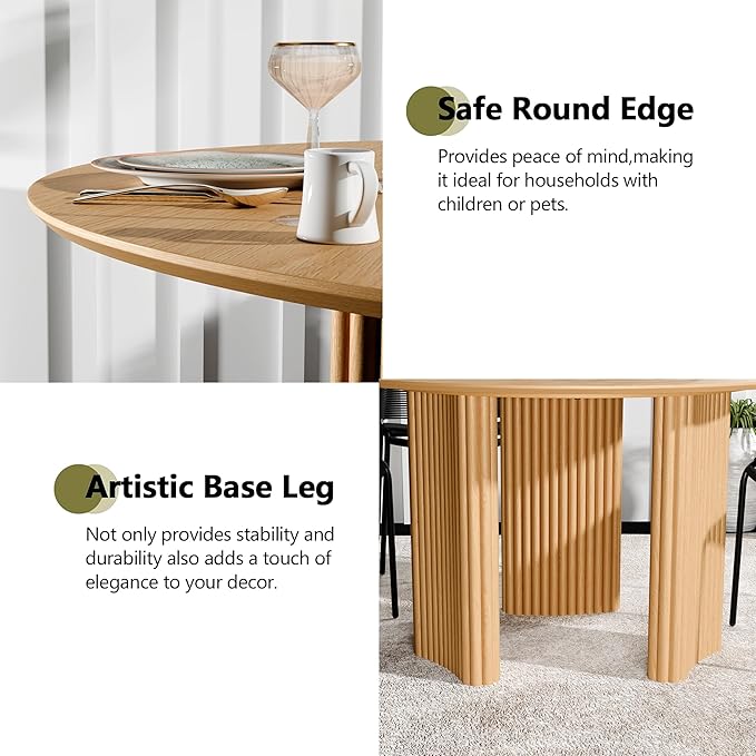 Casaphoria 52" Round Dining Table for 4-6, Farmhouse Style Table with Stripes Base, Easy Assembly for Living Room, Kitchen, Bar, Oak