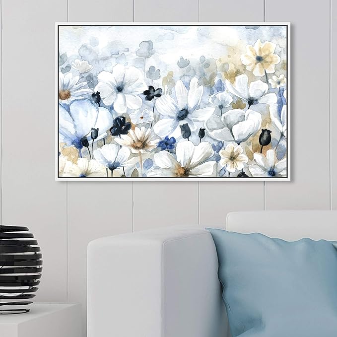 The Oliver Gal Artist Co. Floral and Botanical Wall Art Framed Canvas Prints 'Fields Flowers Home Décor, 30" x 20", Blue, White