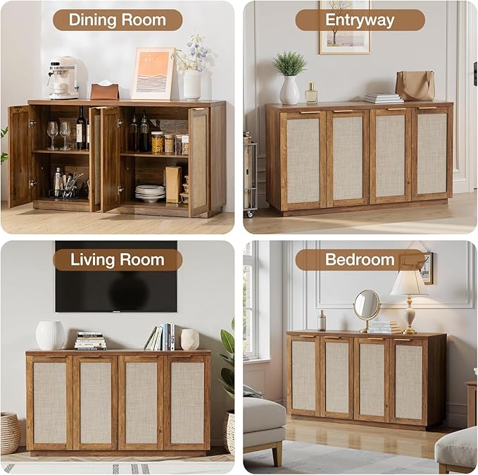 HOMMPA 55'' Sideboard Buffet Cabinet with Storage Boho Kitchen Buffet Cabinet with 4 Doors and Adjustable Shelves, Rattan Credenza Wood Coffee Bar Cabinets/Table for Living Room, Hallway & Kitchen