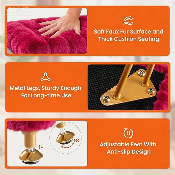 DUMOS Vanity Stool Chair, Ottoman with Storage, Makeup Cute Soft Small Footstool, Modern Style Faux Fur Seat with 4 Metal Legs & Adjustable Feet for Dressing, Living Room, Bedroom, Dorm, Red