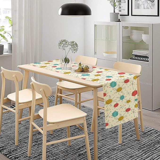 Abstract Mid Century Table Runne Modern Colorful Geometric Vintage Stars Atomic Starburst Table Decoration for Home Kitchen Dining 13x36in