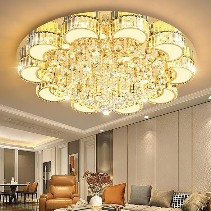 39.4'' Gold Modern Crystal Chandeliers for Dining Room LED Dimmable Light Fixtures Flush Mount Light Living Room Bedrooms