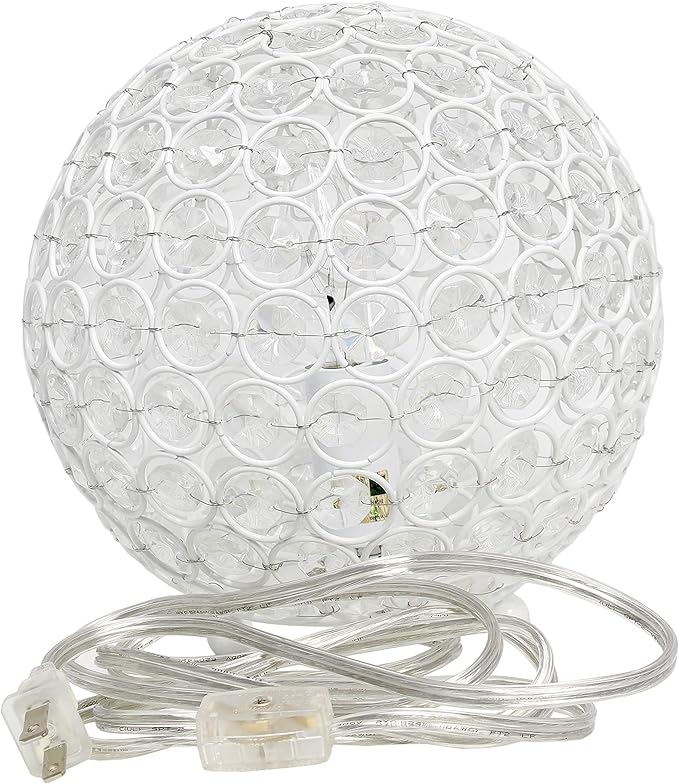 Elegant Designs LT1026-WHT 8" Elipse Crystal Collection Metal Crystal Ball Sequin Table Desk Lamp for Accent Lighting, Décor, Living Room, White