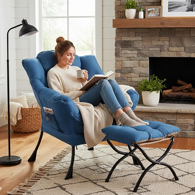 Lazy Chair with Ottoman, Modern Lounge Chair with Lumbar Pillow, Accent Cozy Reading Armchair and Folding Footstool for Bedroom, Dorm, Living Room,Peacock Blue
