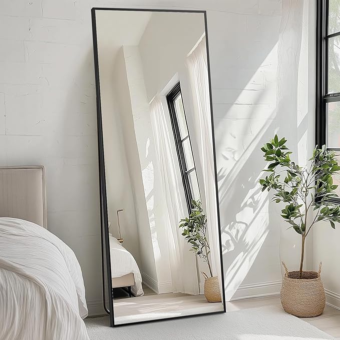 OLIXIS Full Length Mirror 71.1"x25.5" for Bedroom, Full Body Mirror with Stand, Hanging or Leaning for Wall, Aluminum Alloy Thin Frame Floor Standing for Living Room, Long, Deep Black