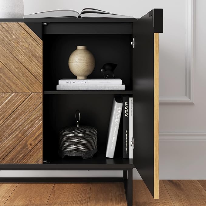 Nathan James Enloe Modern Sideboard Buffet Storage Accent Cabinet TV Stand with Doors in Rustic Pine Wood Finish and Matte Metal Base for Hallway, Kitchen or Living Room, Walnut Brown/Black, Set of 3
