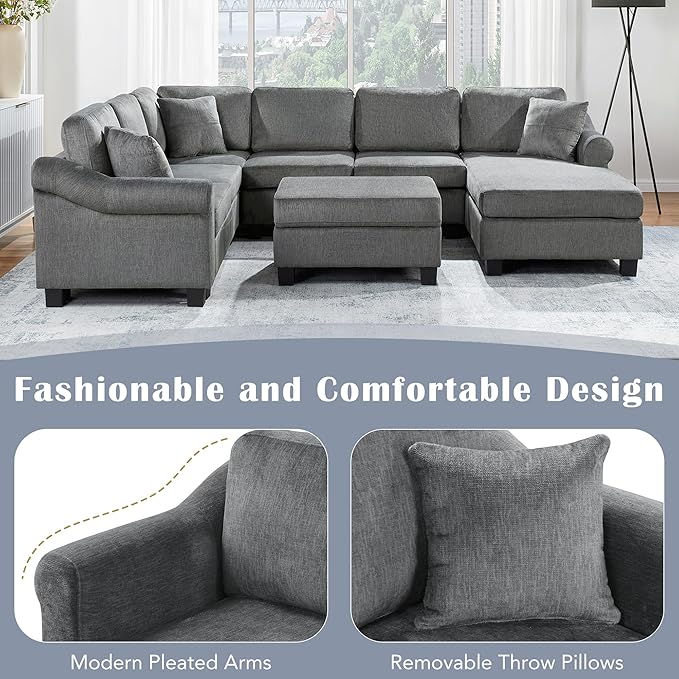 ERYE 112-Inch U-Shaped Sectional Sofa with Movable Storage Ottoman, Oversized Chenille Upholstered Corner Modular Sofa Couch W/Right Facing Chaise Lounge and 3 Toss Pillows