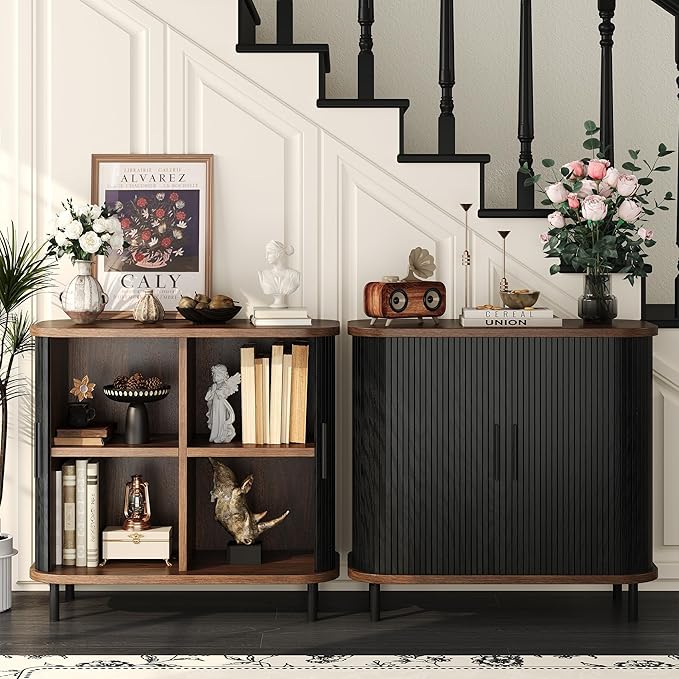Fluted Sideboard Buffet Cabinet, 31''W Storage Cabinet with Sliding Door, Coffee Bar Buffet Cabinet for Living Room, Kitchen, Entryway, Black
