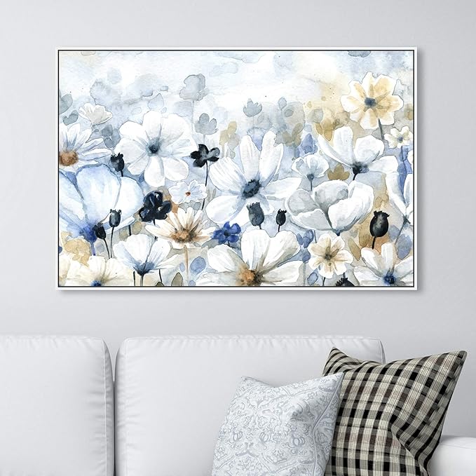 The Oliver Gal Artist Co. Floral and Botanical Wall Art Framed Canvas Prints 'Fields Flowers Home Décor, 45" x 30", Blue, White