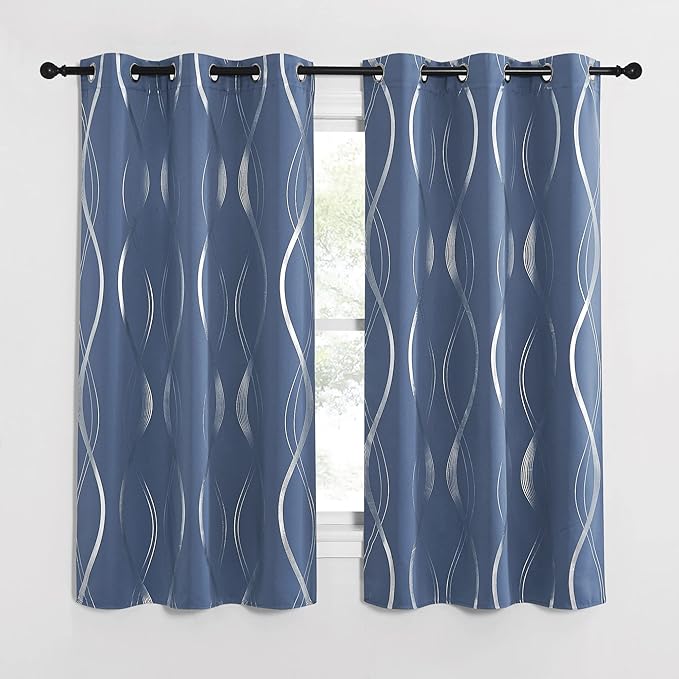 NICETOWN Bedroom Curtains Small Blackout Panels, Window Treatment Thermal Insulated Solid Grommet Blackout Wave Line Foil Print Design Curtains for Car Window (Stone Blue, Set of 2, 42 by 63 Inch)