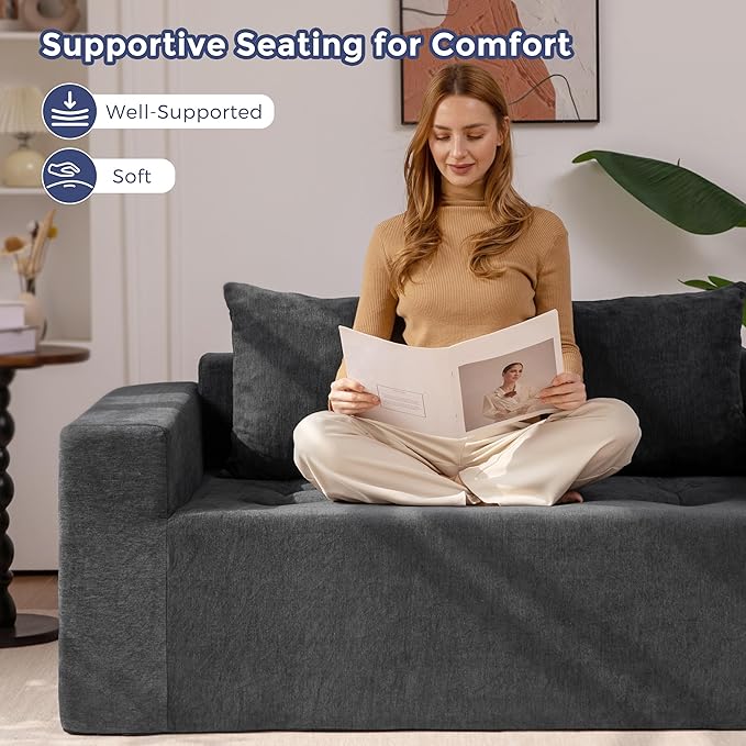 MAXYOYO Modular Sofa Couch, 61" Loveseat Boneless Cloud Couch with Deep Seat, Chenille Upholstered Living Room Sleeper Sofa Chair for Living Room, No Assembly Required, Dark Grey
