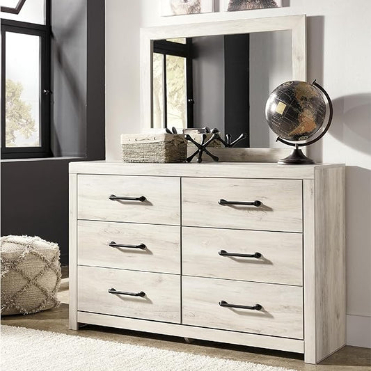 Signature Design by Ashley Cambeck Vintage Smooth-Gliding 6-Drawer Dresser and Mirror with Safety Stop, Whitewash