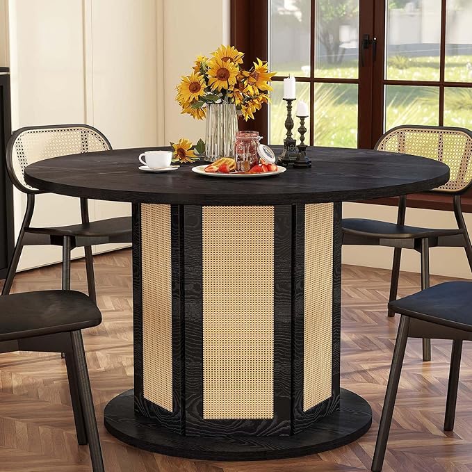 YITAHOME Round Dining Table for 4-6 People 47 Inch Circle Dining Table with Wooden Rattan Base Modern Farmhouse Kitchen Table Round for Dining Room Kitchen Apartment, Black